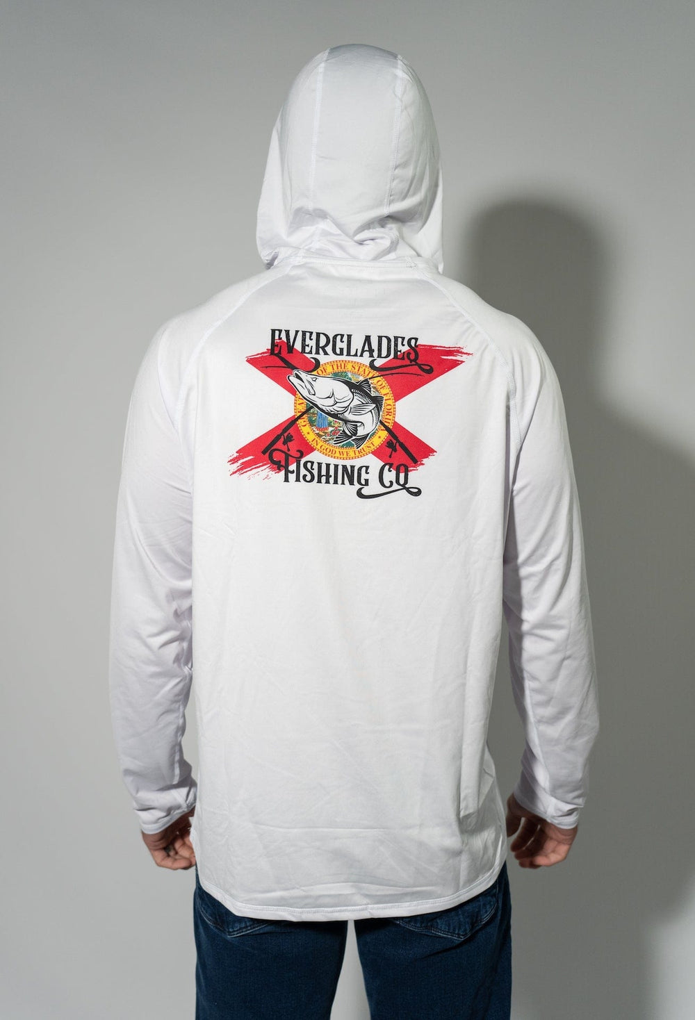 Everglades Fishing Co white hooded performance shirt with lightweight fabric and moisture-wicking properties, designed for active outdoor wear.