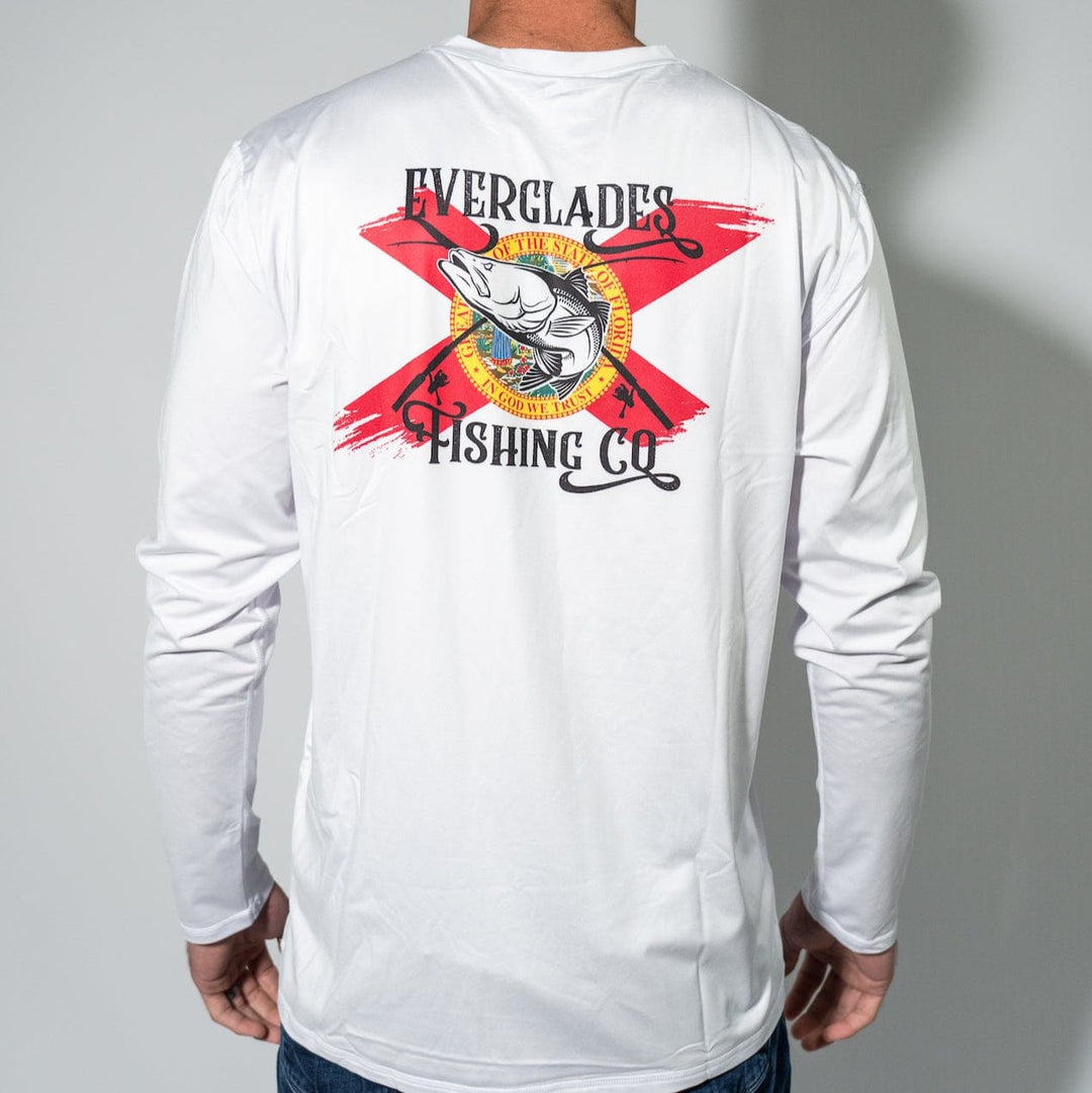 Everglades Fishing Co OG White Performance Shirt displayed on a hanger, showcasing lightweight, breathable fabric and classic fit.