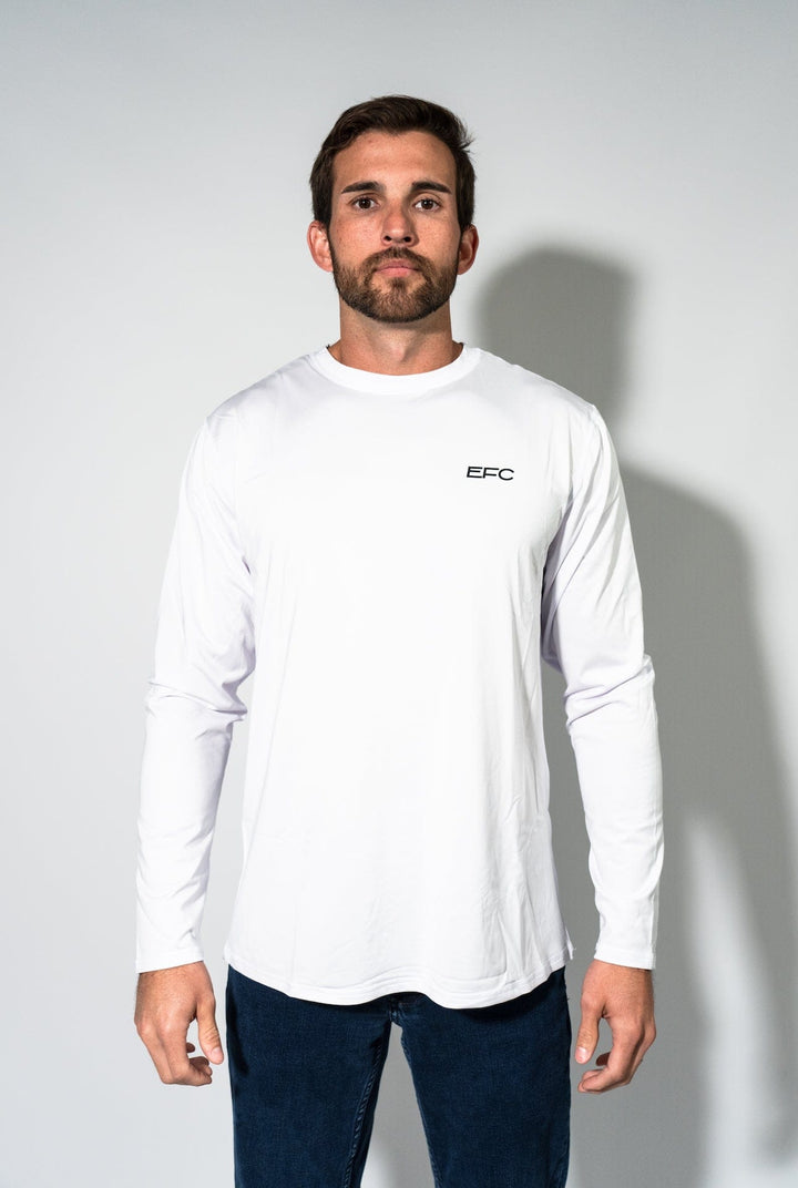 Everglades Fishing Co OG White Performance Shirt displayed on a hanger, showcasing lightweight, moisture-wicking fabric and classic fit.