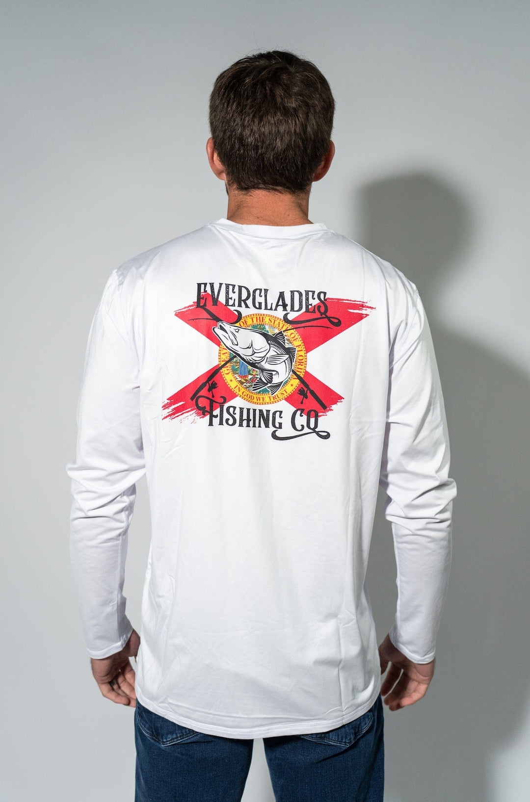 Everglades Fishing Co OG White Performance Shirt displayed on a hanger with a close-up view of the fabric and branding details.