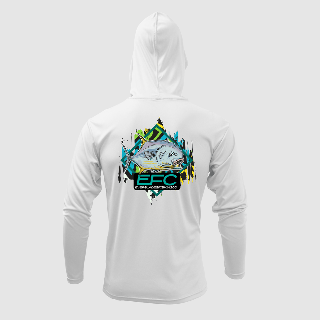 Everglades Fishing Co Permit teal and white hooded performance shirt with moisture-wicking fabric and fishing-themed design.