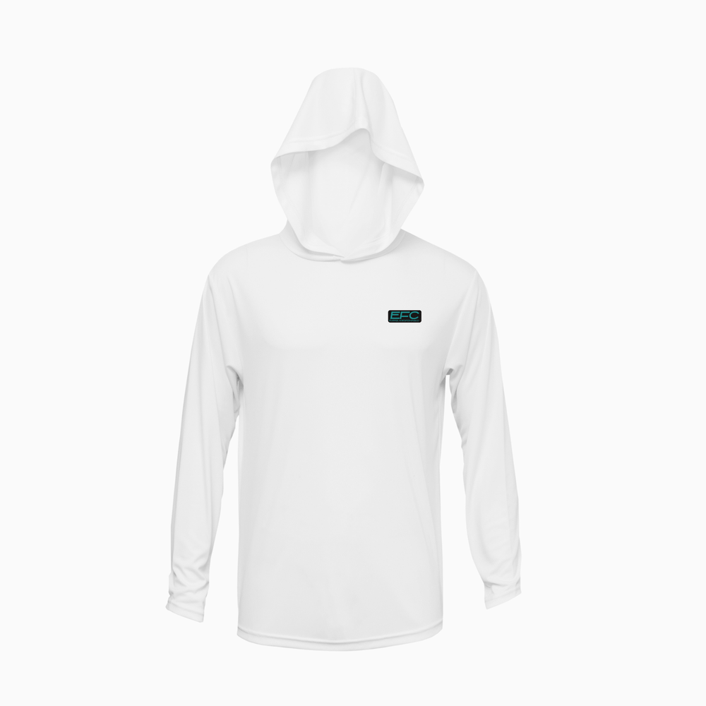 Everglades Fishing Co Permit teal and white hooded performance shirt with lightweight, breathable fabric and fishing logo design.