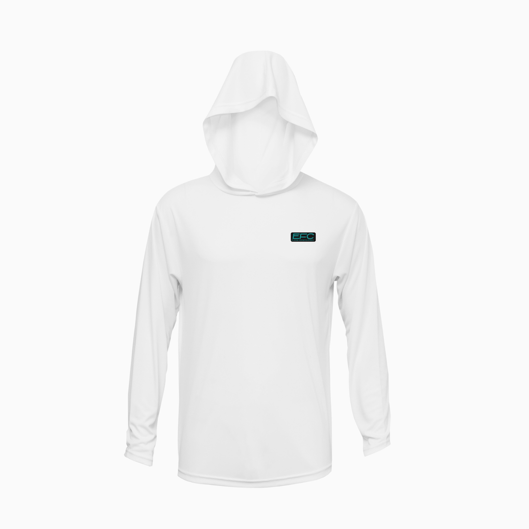 Everglades Fishing Co Permit teal and white hooded performance shirt with lightweight, breathable fabric and fishing logo design.