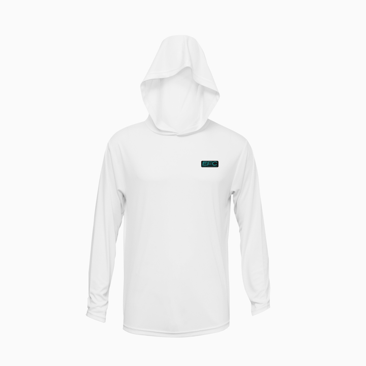 Everglades Fishing Co Permit teal and white hooded performance shirt with lightweight, breathable fabric and fishing logo design.