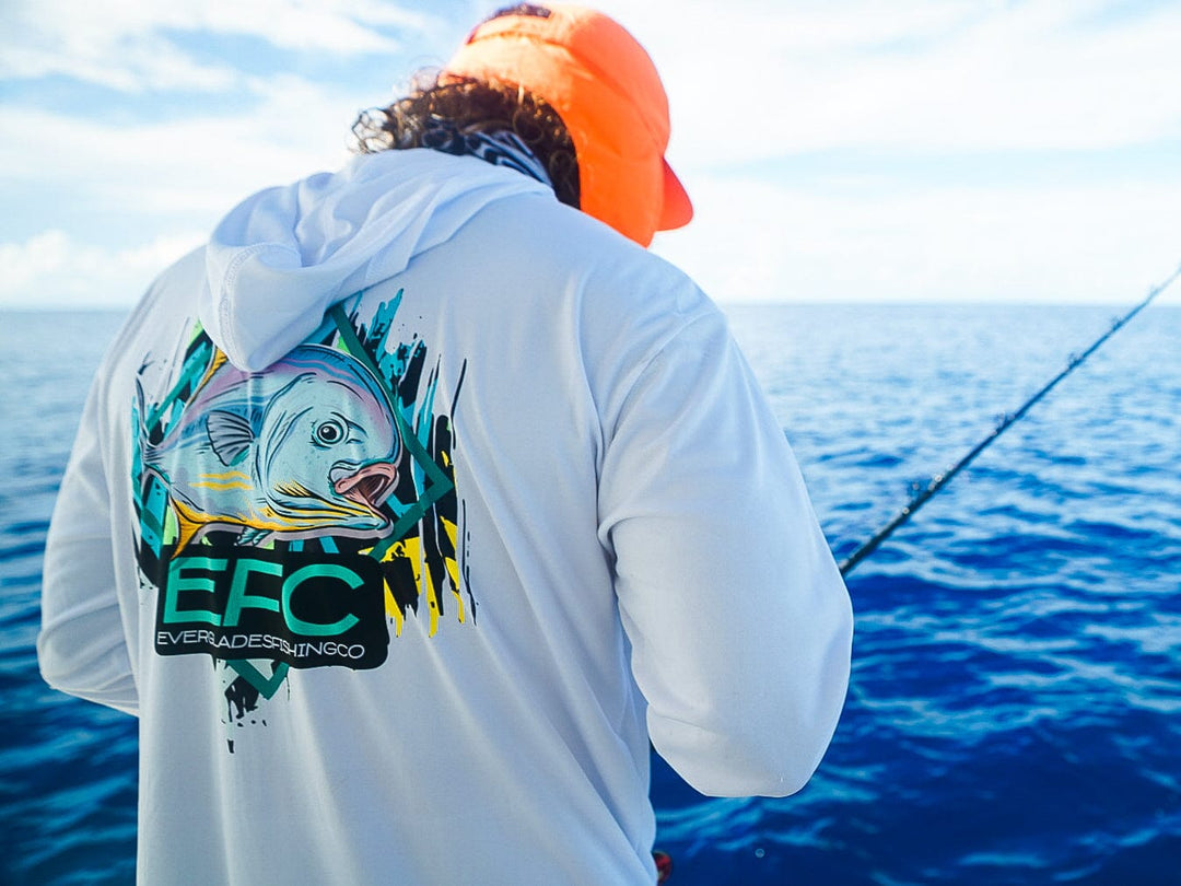 Everglades Fishing Co Permit teal and white hooded performance shirt with lightweight fabric and fishing-inspired design.