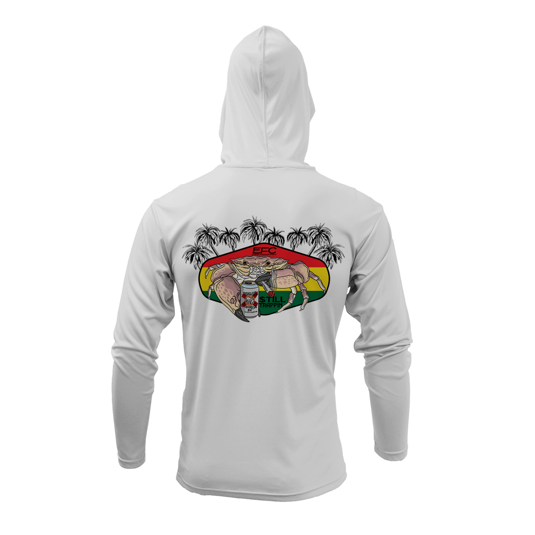 Everglades Fishing Co Still Trappin Silver hooded performance shirt with stone crab graphic, back view, lightweight and moisture-wicking fabric.