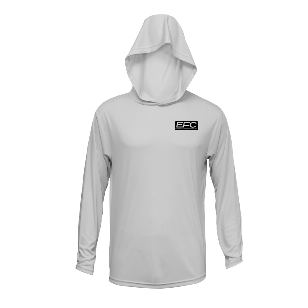 Everglades Fishing Co Still Trappin Silver hooded performance shirt with front view, featuring stone crab graphic and lightweight fabric.