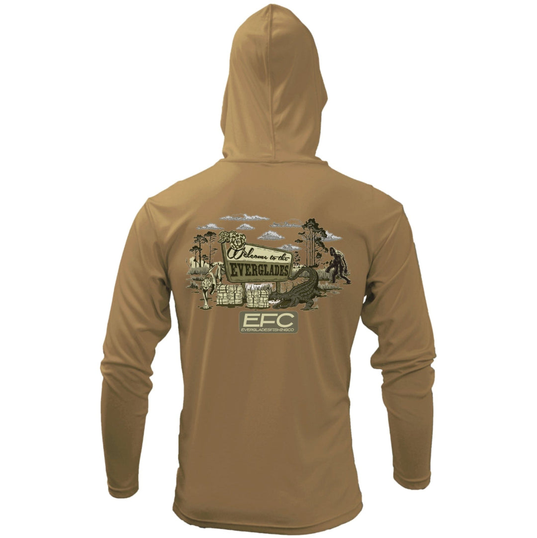 Everglades Fishing Co hooded performance shirt in military style, featuring lightweight fabric and a functional hood for outdoor activities.