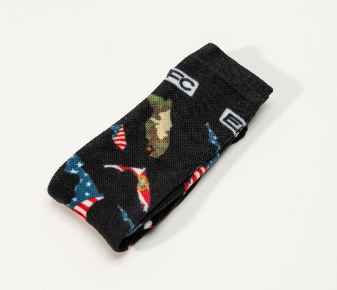 Everglades Fishing Co home state socks featuring a colorful map design and comfortable knit fabric.