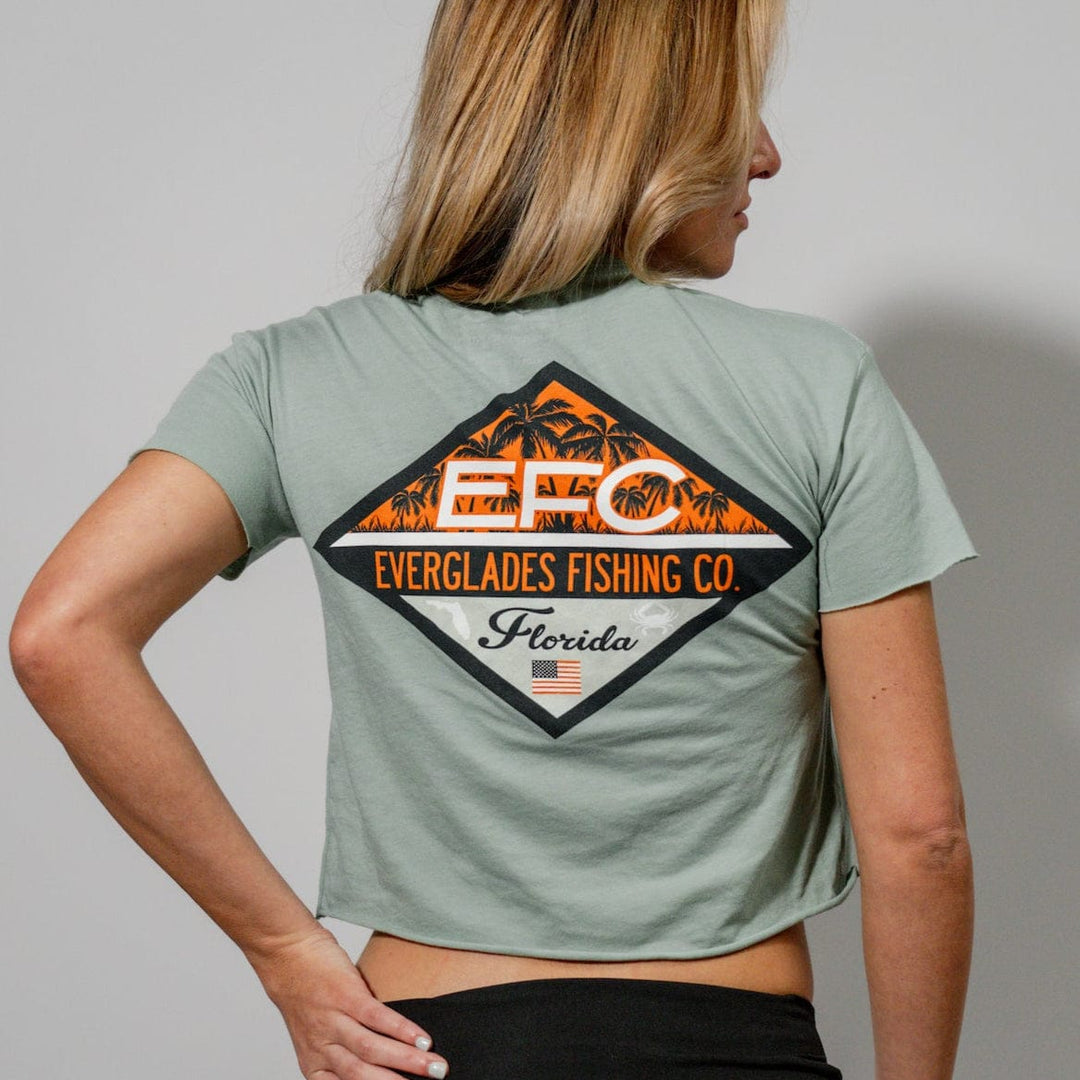 Stonewash green Diamond FL crop top by Everglades Fishing Co, featuring a fitted design and casual style.