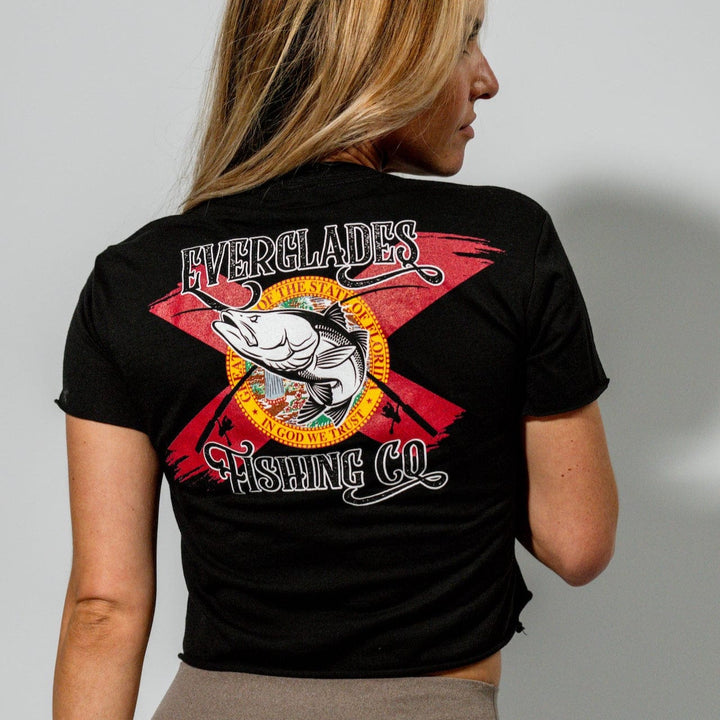 Black OG Crop Top by Everglades Fishing Co, featuring a stylish design perfect for casual wear and outdoor activities.
