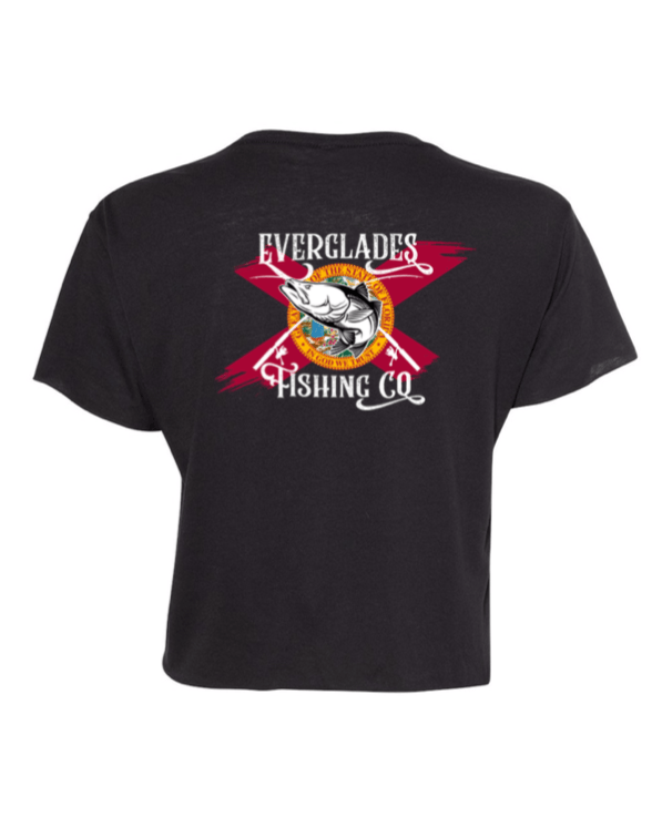 Black OG Crop Top by Everglades Fishing Co, shown laid flat with neckline and short sleeves visible.
