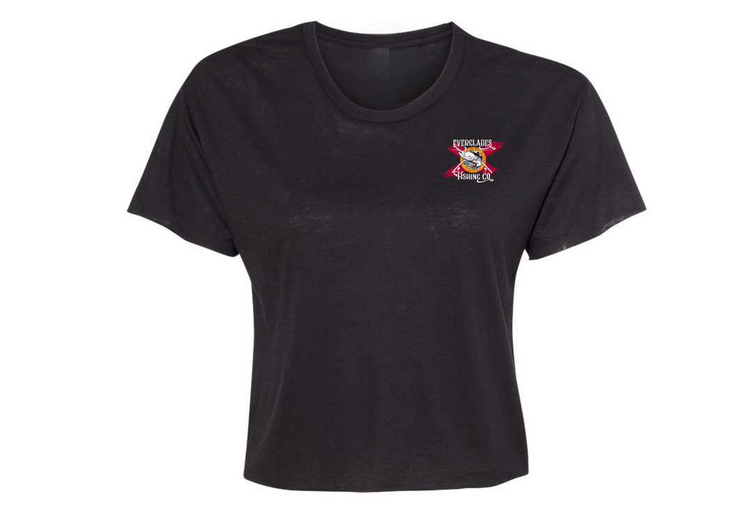 Black OG Crop Top by Everglades Fishing Co, featuring a fitted style and logo design, shown on a model.
