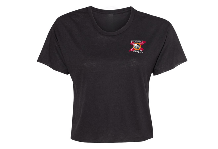 Black OG Crop Top by Everglades Fishing Co, featuring a fitted style and logo design, shown on a model.