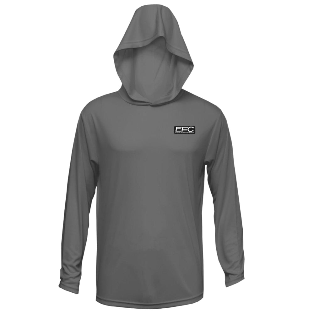 Everglades Fishing Co hooded performance shirt in Smoke Grey with moisture-wicking fabric and sporty design for active fishing days.