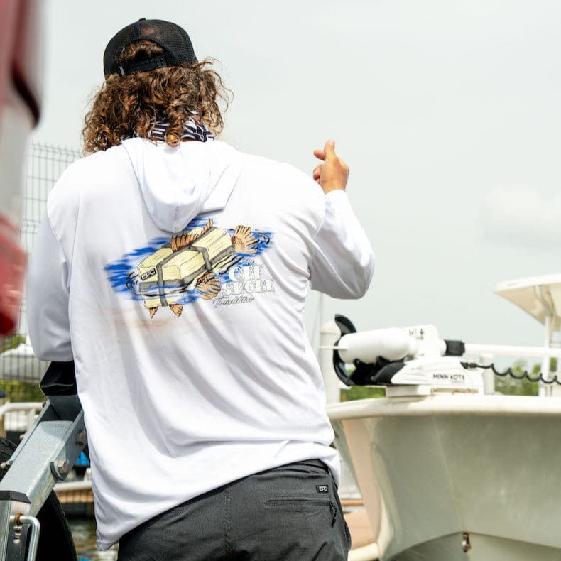 White Square Grouper hooded performance shirt by Everglades Fishing Co, featuring a comfortable fit and fishing-inspired design.