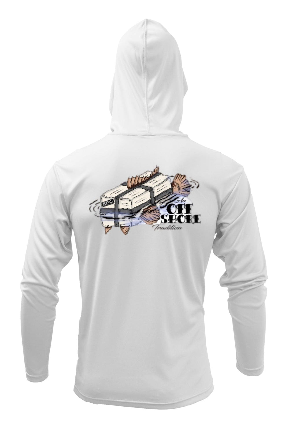 White Square Grouper hooded performance shirt by Everglades Fishing Co, featuring lightweight fabric and stylish design.