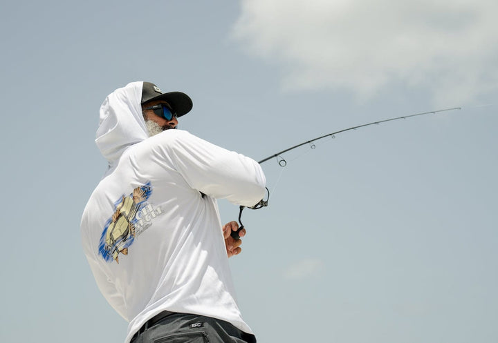White Square Grouper hooded performance shirt by Everglades Fishing Co, featuring a comfortable fit and fishing-inspired design.