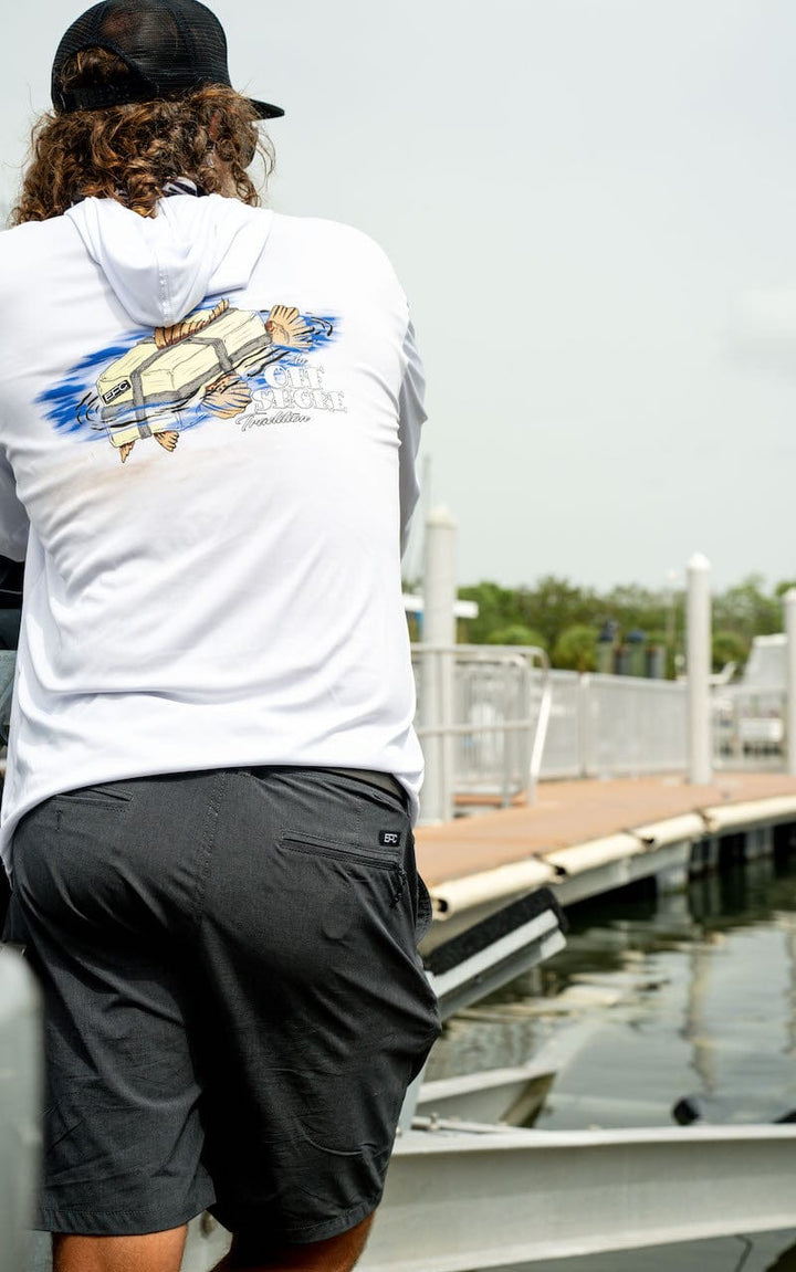 White Square Grouper hooded performance shirt by Everglades Fishing Co, featuring a square grouper graphic on the front.