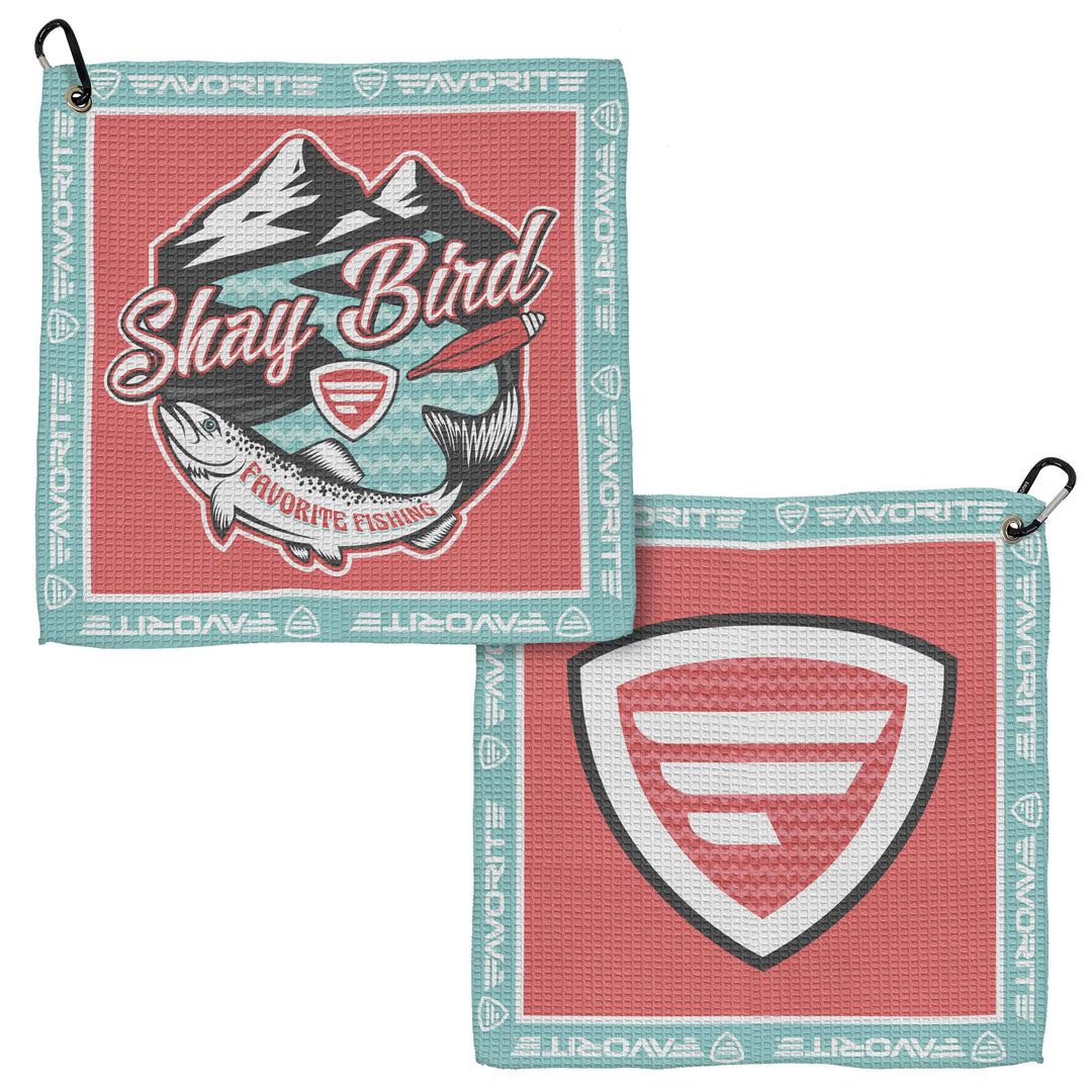 Favorite Fishing fishing towel accessory with logo and vibrant design, ideal for anglers to keep hands dry while fishing.