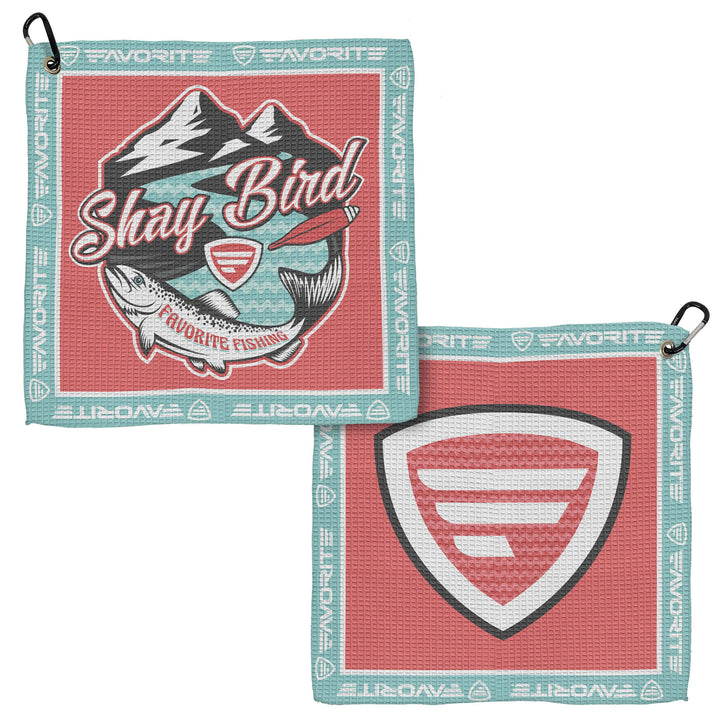 Favorite Fishing fishing towel accessory with logo and vibrant design, ideal for anglers to keep hands dry while fishing.