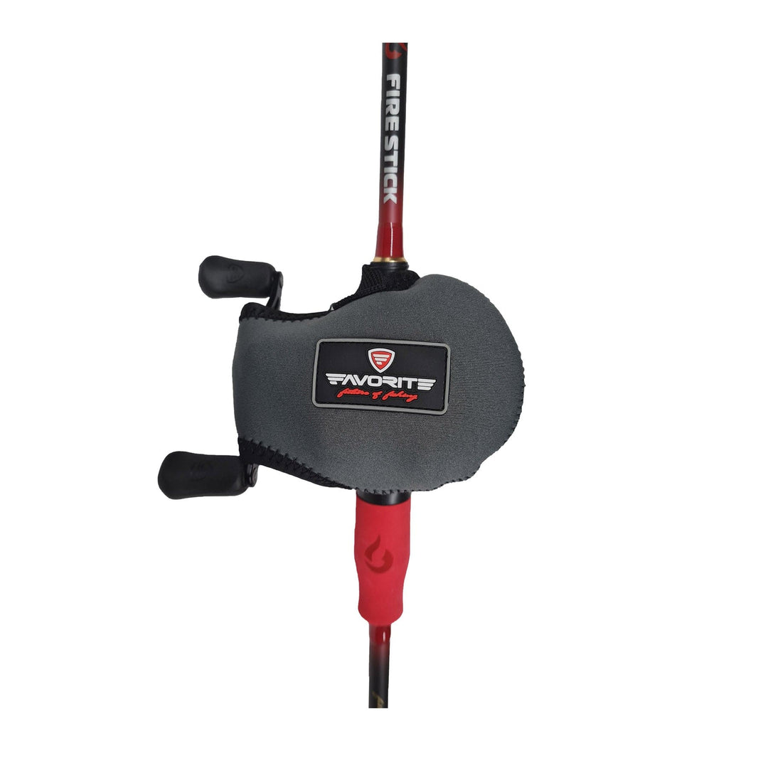 Black Favorite Fishing reel cover for fishing reel accessories, showing a snug fit and durable material on the right side.