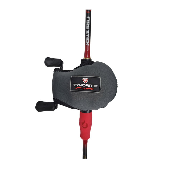 Black Favorite Fishing reel cover for fishing reel accessories, showing a snug fit and durable material on the right side.