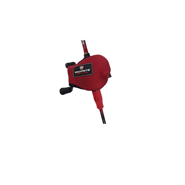Black Favorite Fishing reel cover accessory for fishing reels, shown from the right side.