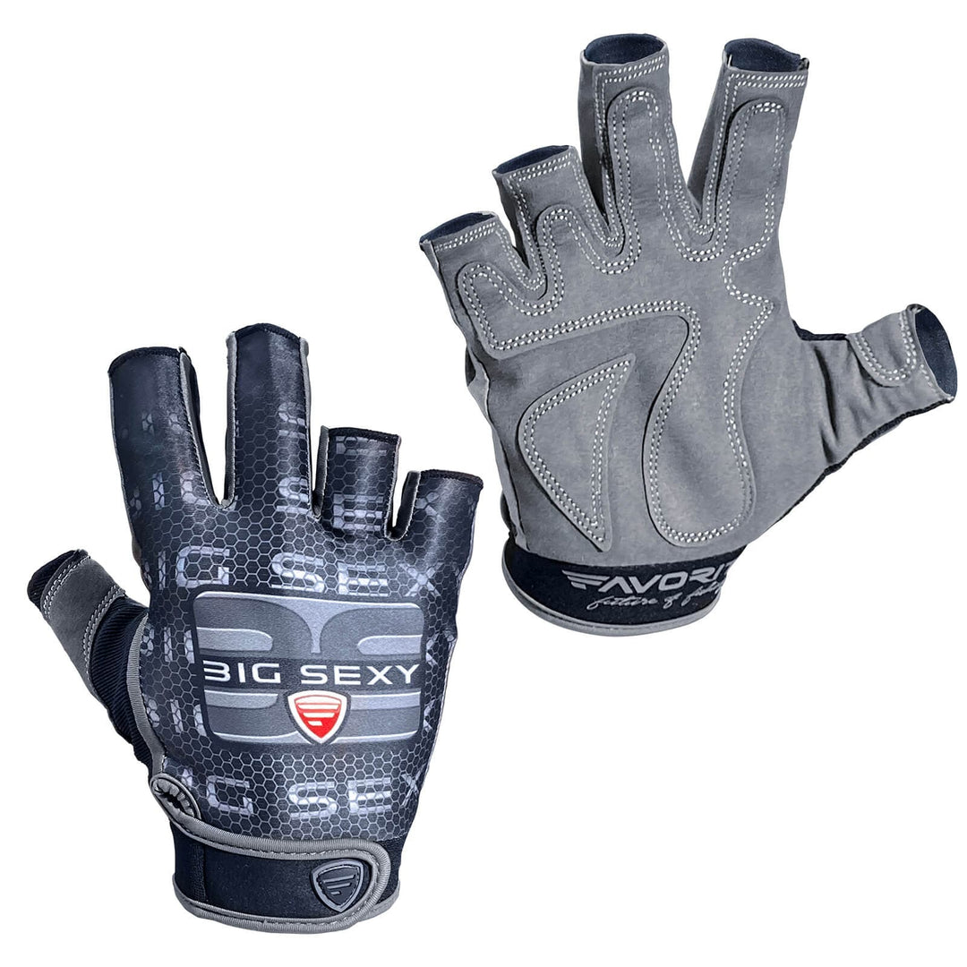 Favorite Fishing apparel: close-up of durable fishing gloves with textured grip and adjustable wrist strap.