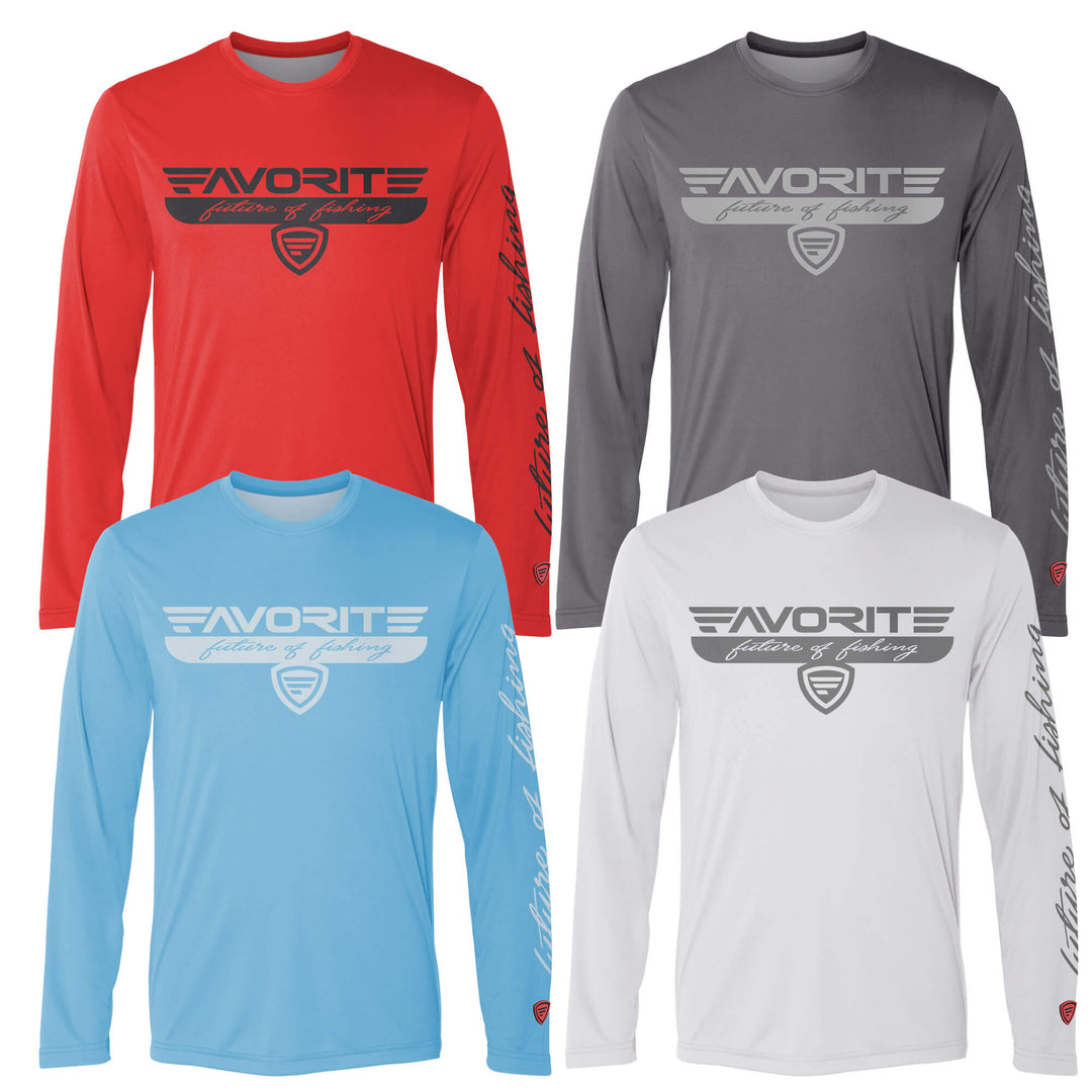 Favorite Fishing blue performance long sleeve T-shirt, apparel with moisture-wicking fabric and sporty fit, ideal for outdoor activities.