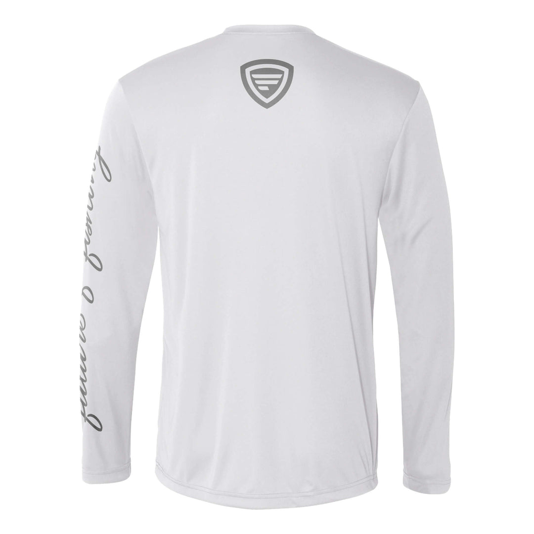 Favorite Fishing blue performance long sleeve T-shirt, lightweight apparel with moisture-wicking fabric for outdoor activities.