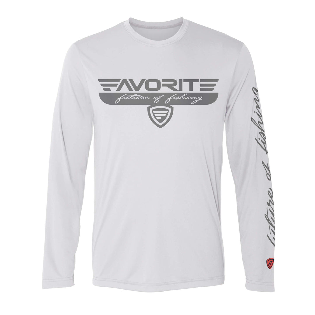 Favorite Fishing blue performance long sleeve T-shirt, lightweight apparel with moisture-wicking fabric, perfect for outdoor activities.