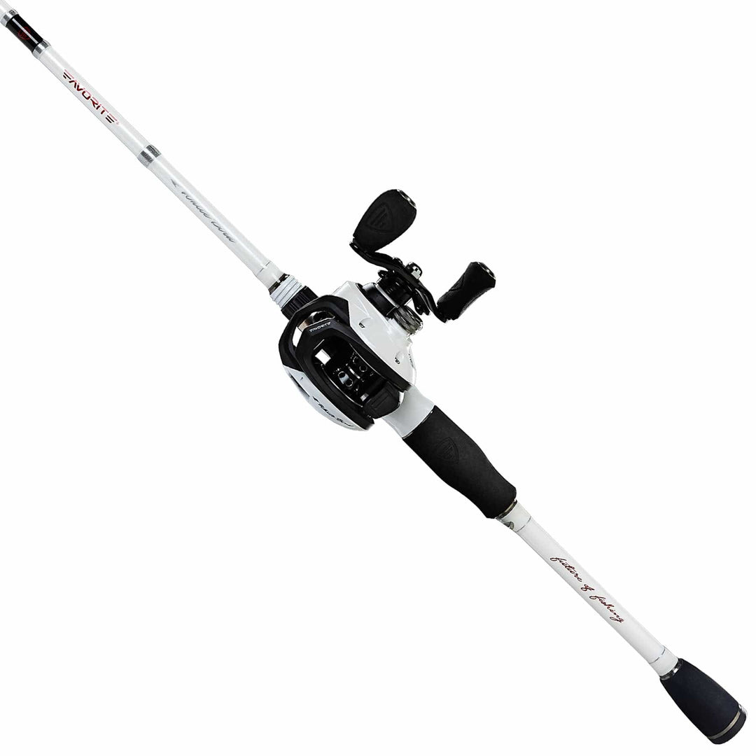 White Bird Casting Combo by Favorite Fishing, heavy 7-2, left-hand retrieve, fishing rod and reel in a casting setup.