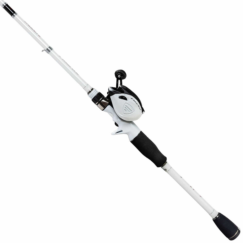 White Bird Casting Combo by Favorite Fishing, a 7-2 heavy-left hand retrieve fishing rod and reel combo.