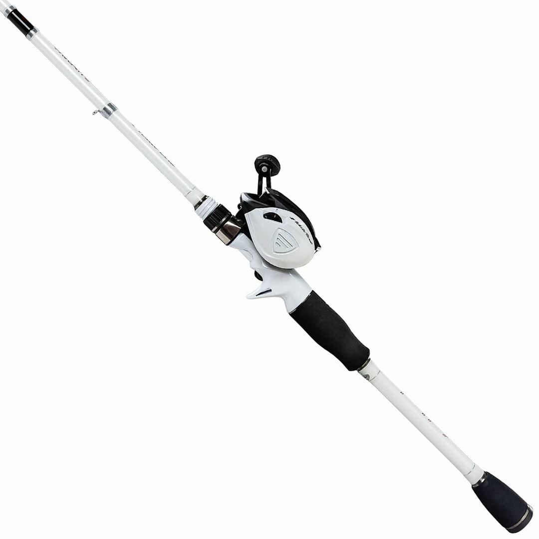 White Bird Casting Combo by Favorite Fishing, a 7-2 heavy-left hand retrieve fishing rod and reel combo.