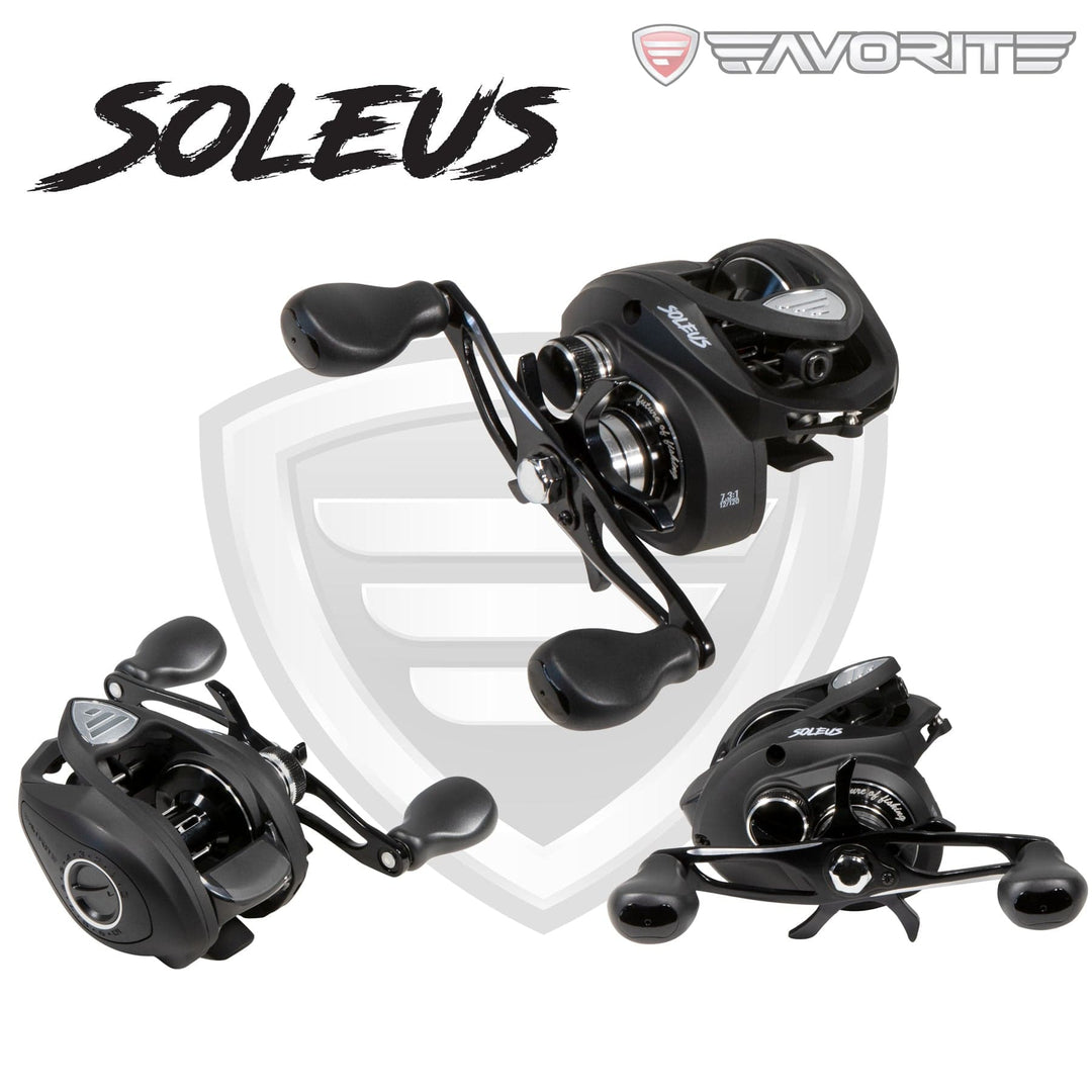 Black Favorite Fishing Soleus Casting Reel with right-hand retrieve, showcasing the compact design and durable construction.