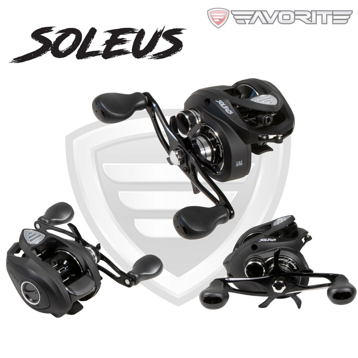 Black Favorite Fishing Soleus Casting Reel with right-hand retrieve, showcasing the compact design and durable construction.