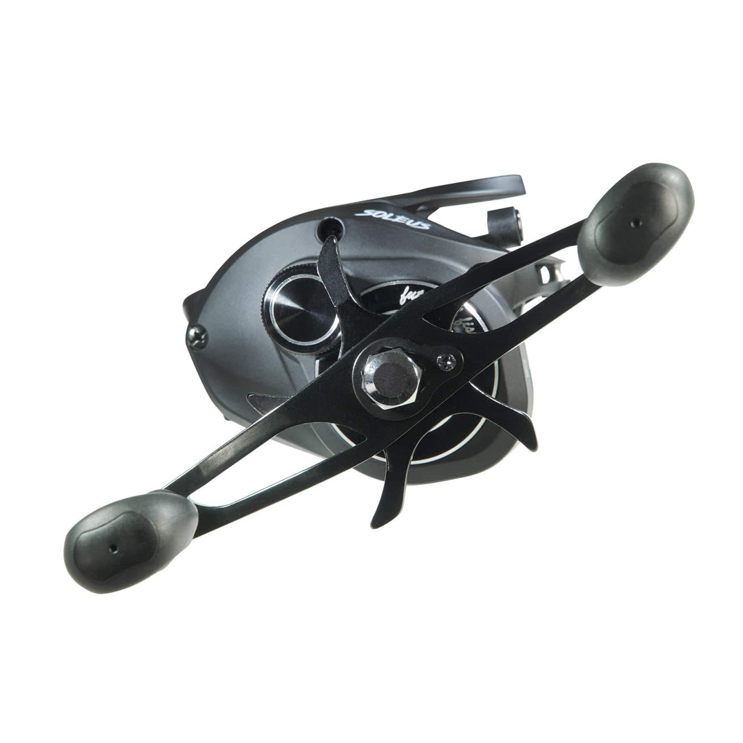 Favorite Fishing Soleus Casting Reel in black, right-hand model, showcasing its compact design and ergonomic handle.