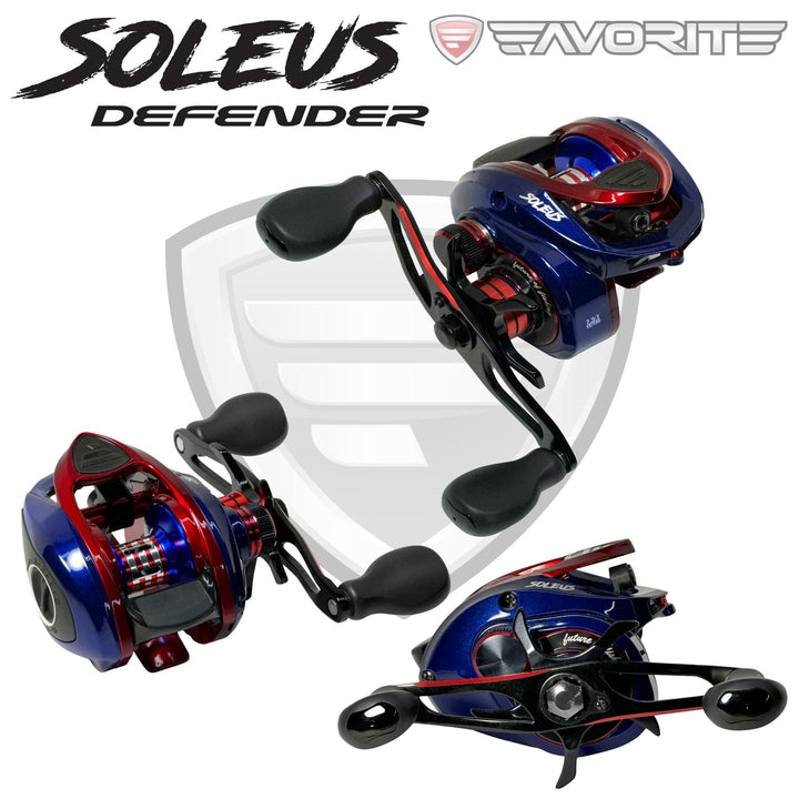 Favorite Fishing Defender Soleus casting reel, right-handed model with sleek design, used for freshwater fishing.