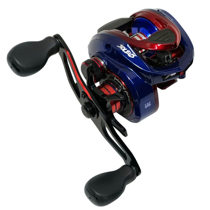 Favorite Fishing Defender Soleus casting reel for right-handed use, showcasing the sleek design and detailed components.