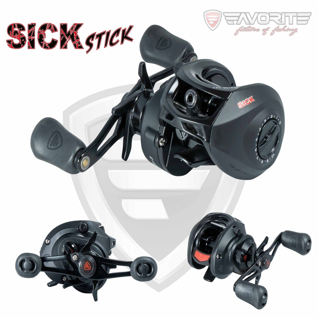 Favorite Fishing Sick Stick casting reel for left-hand use, featuring a sleek design and durable construction for smooth casting.