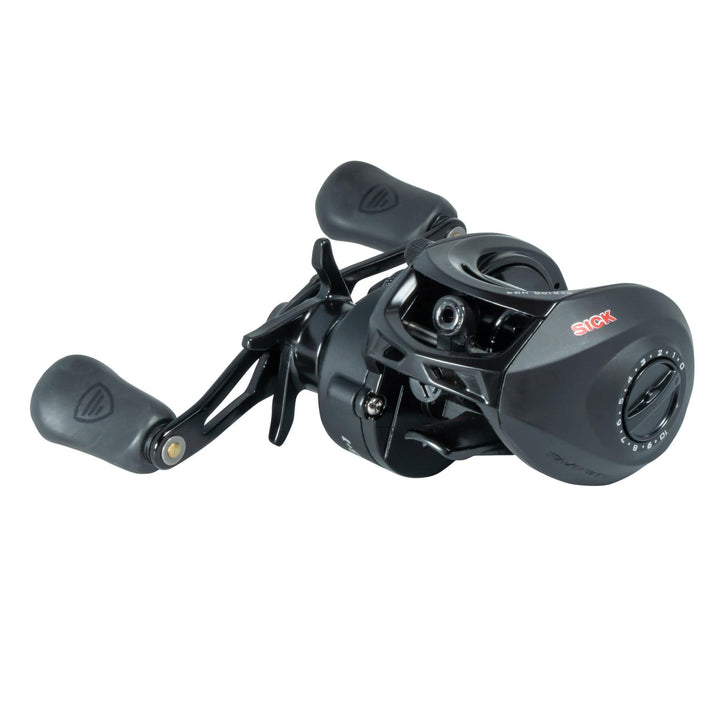 Favorite Fishing Sick Stick Casting Reel, left-hand model, detailed view of the black and silver fishing reel with ergonomic handle.