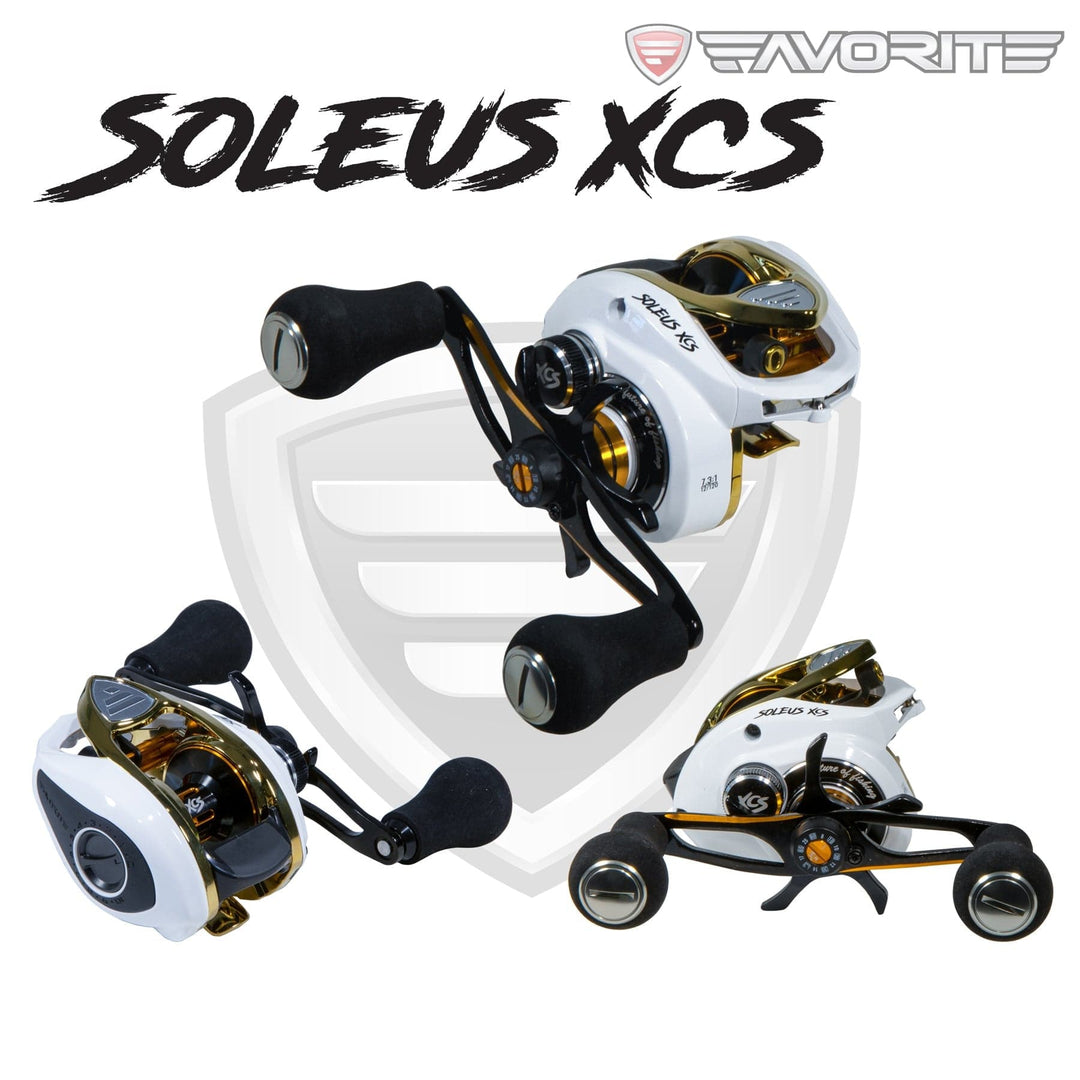 Favorite Fishing Soleus XCS casting reel in white and gold, right-handed fishing reel with detailed design and durable construction.