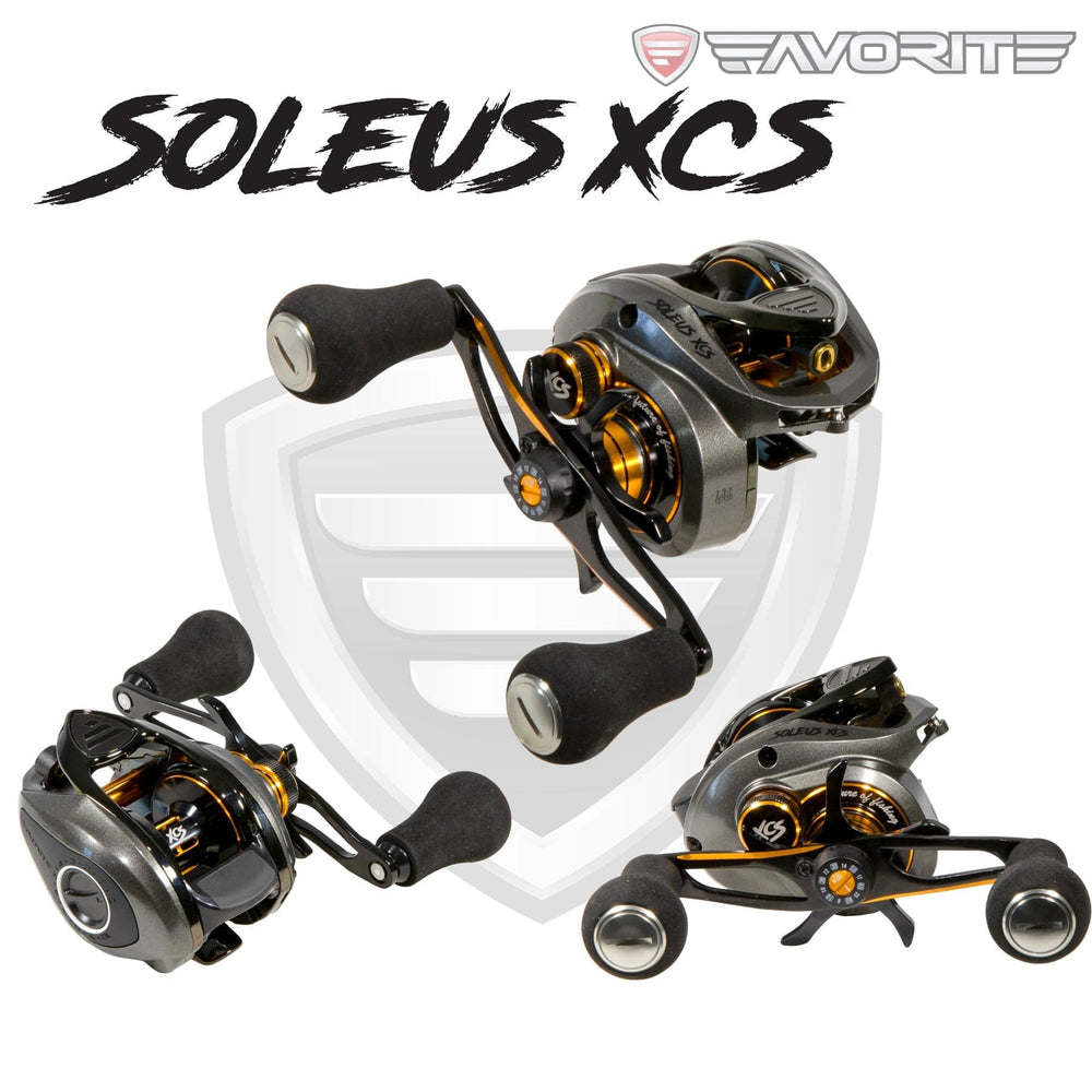 Favorite Fishing Soleus XCS casting reel with white and gold finish, right-hand retrieve, detailed view of the fishing reel.