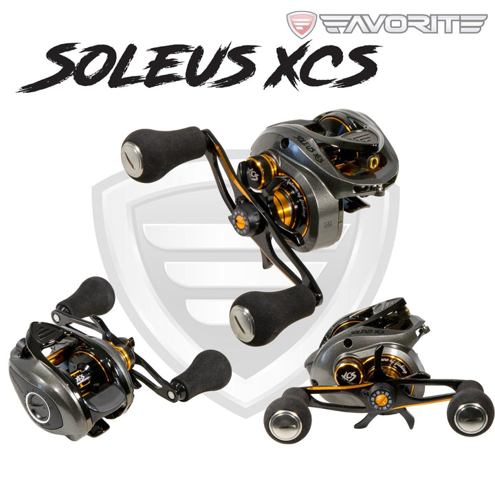 Favorite Fishing Soleus XCS casting reel with white and gold finish, right-hand retrieve, detailed view of the fishing reel.