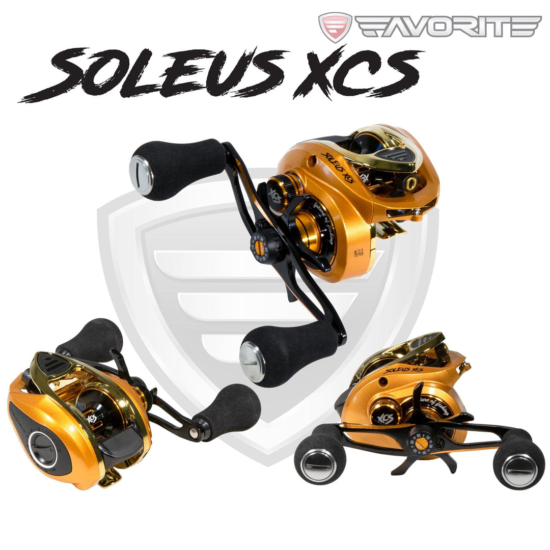 Favorite Fishing Soleus XCS casting reel in white and gold, right-handed model with detailed design and ergonomic handle.