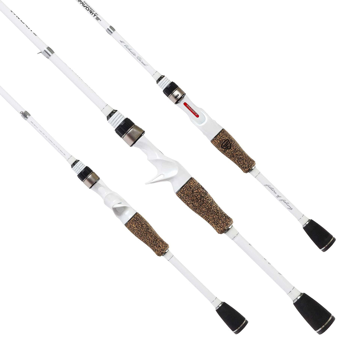 White Bird casting rod by Favorite Fishing, showcasing the white blank and sleek design of this fishing rod.
