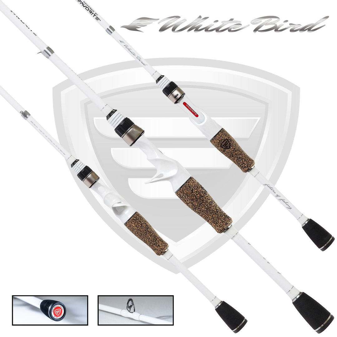 White Bird casting rod by Favorite Fishing, featuring a sleek white design and ergonomic grip for smooth casting and fishing.