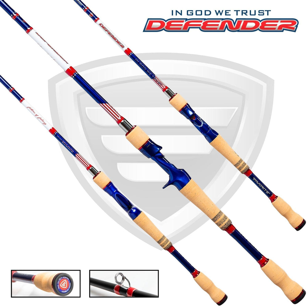 Favorite Fishing Defender Casting Rod, 6'6" medium-heavy casting rod, designed for freshwater fishing, shown standing upright with grip.