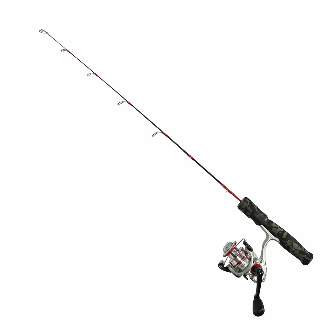 Favorite Fishing Army Ice Combo 26-28 inch ultra-light fishing rod and reel for ice fishing in a natural setting.